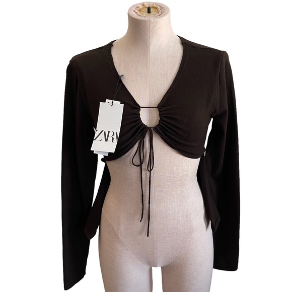 Zara Tops - ZARA NWT Fine Knit Brown Crop Tie Front Long Sleeve Sweater Top